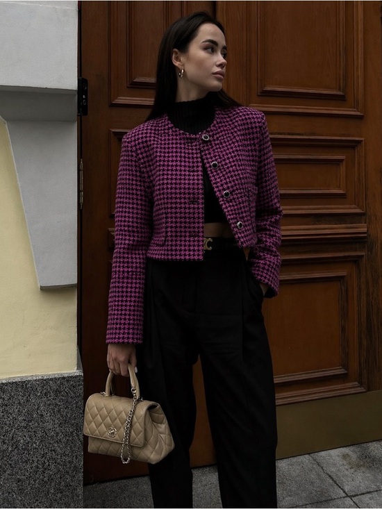 Zara Jackets & Blazers - ZARA Tweed Cropped Jacket Pink Black Wool Blend Button Front Size M